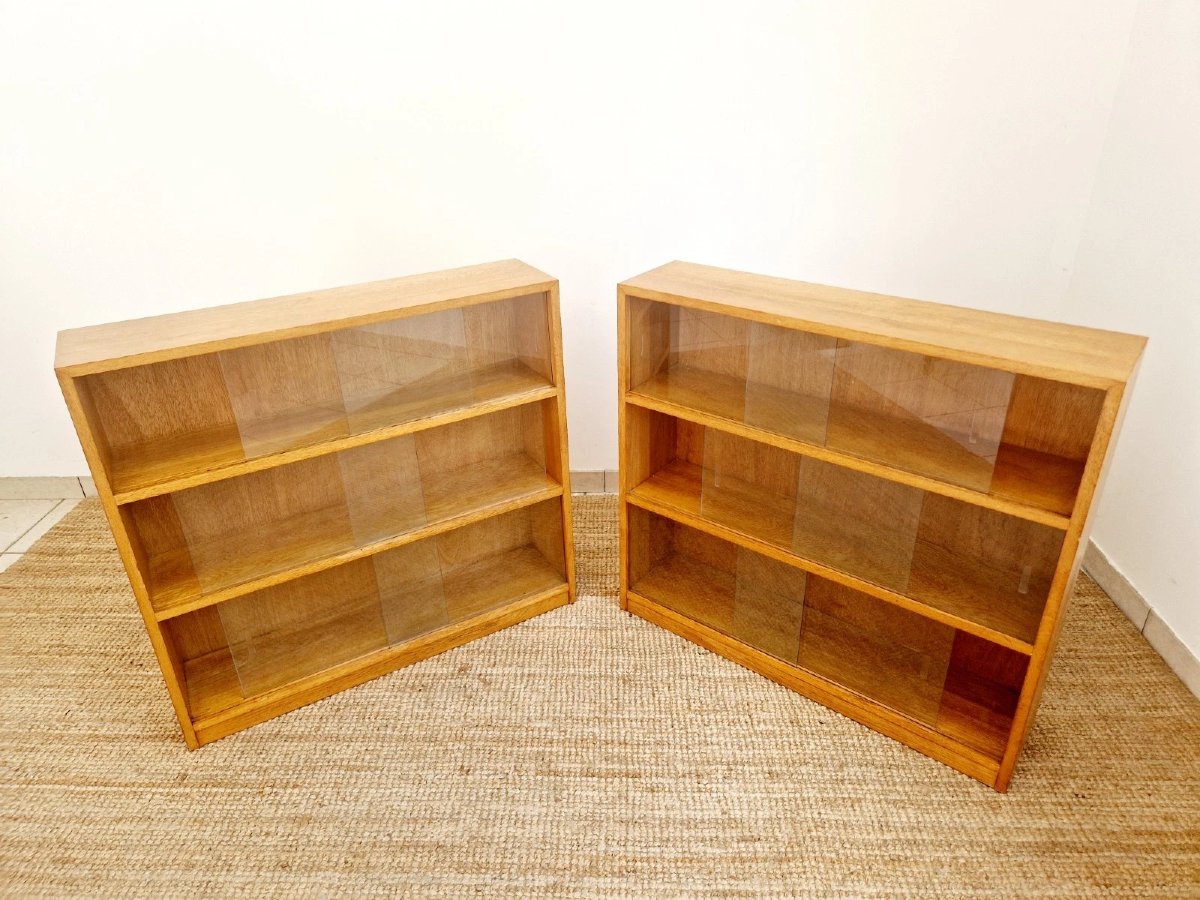 Paire de bibliothèques scolaires en chêne de style Mid-Century-photo-1