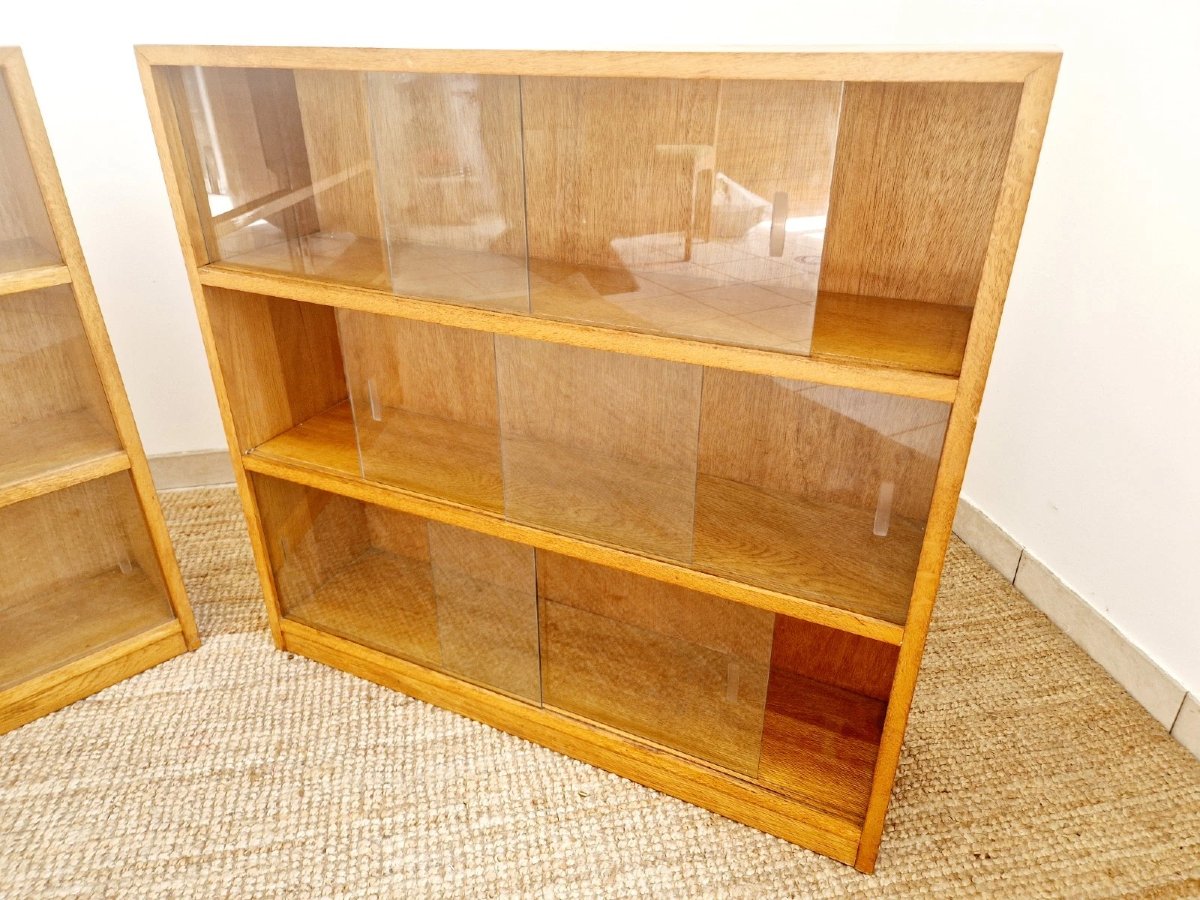 Paire de bibliothèques scolaires en chêne de style Mid-Century-photo-2