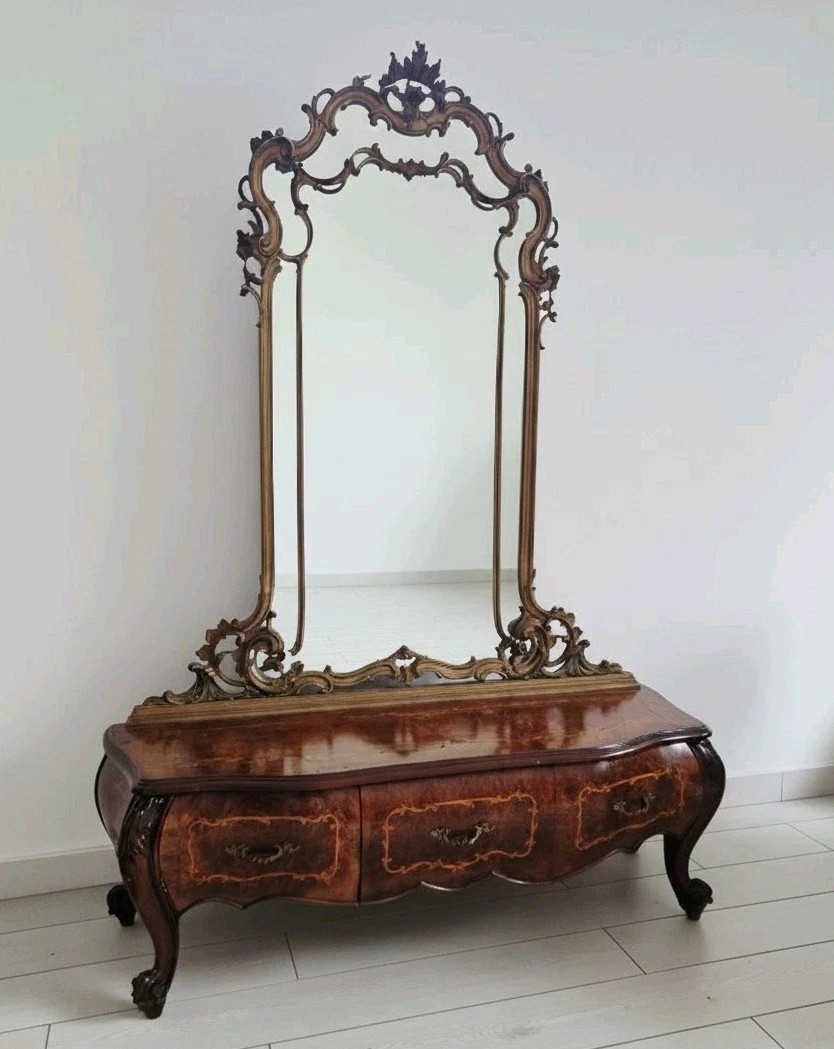 Coiffeuse italienne ancienne avec miroir doré-photo-2