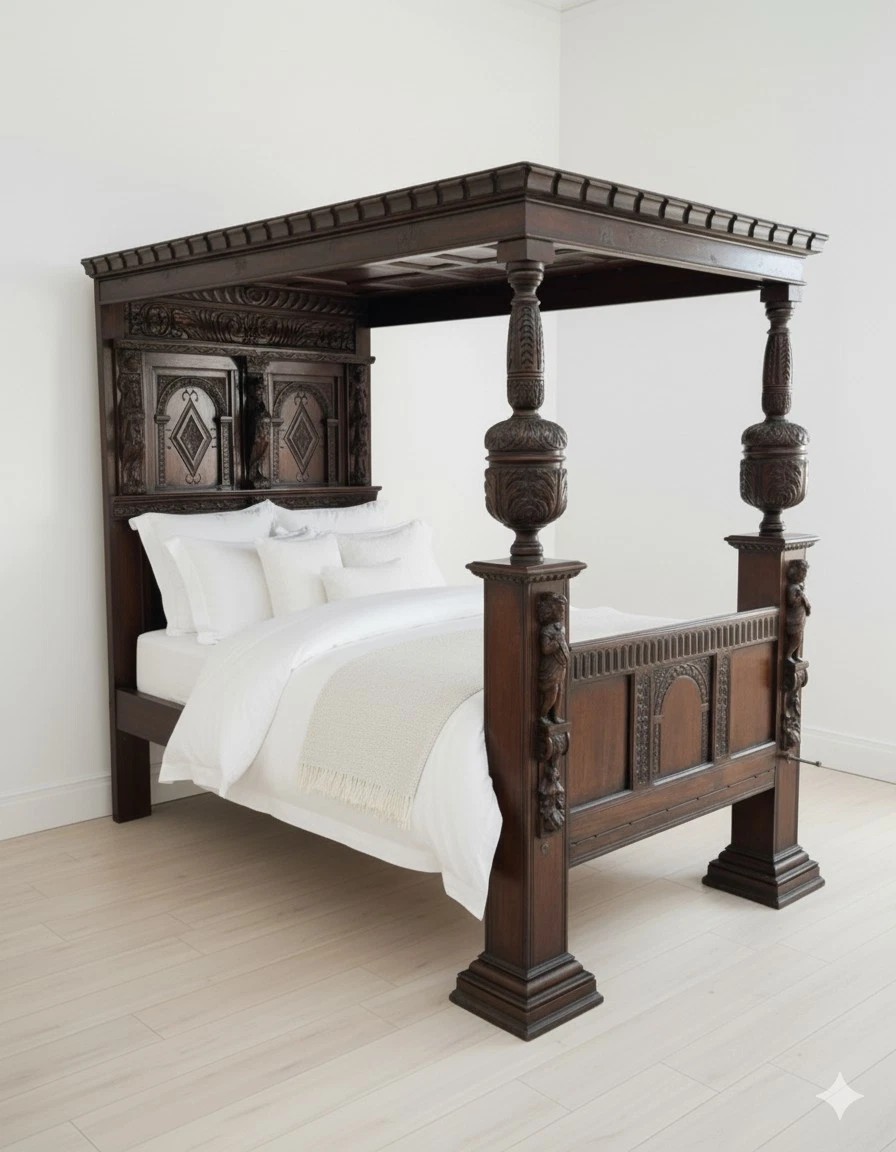 Lit à baldaquin jacobéen antique du XVIIe siècle Sainte