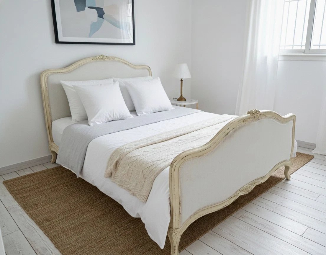 Antique French Upholstered Bed, White King-size Bed-photo-4