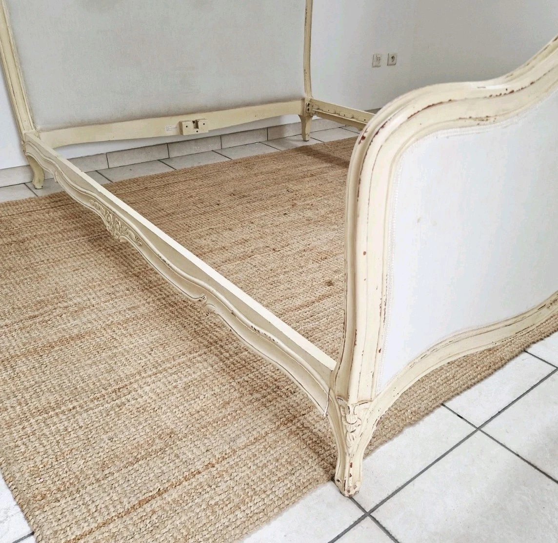 Antique French Upholstered Bed, White King-size Bed-photo-3