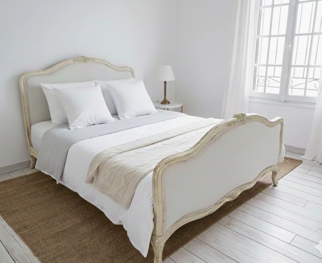 Antique French Upholstered Bed, White King-size Bed