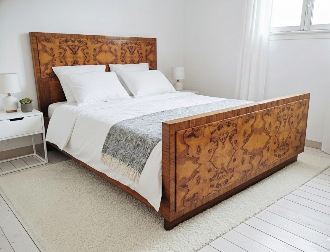 Art Deco King Size Bed In Blond Walnut Burl
