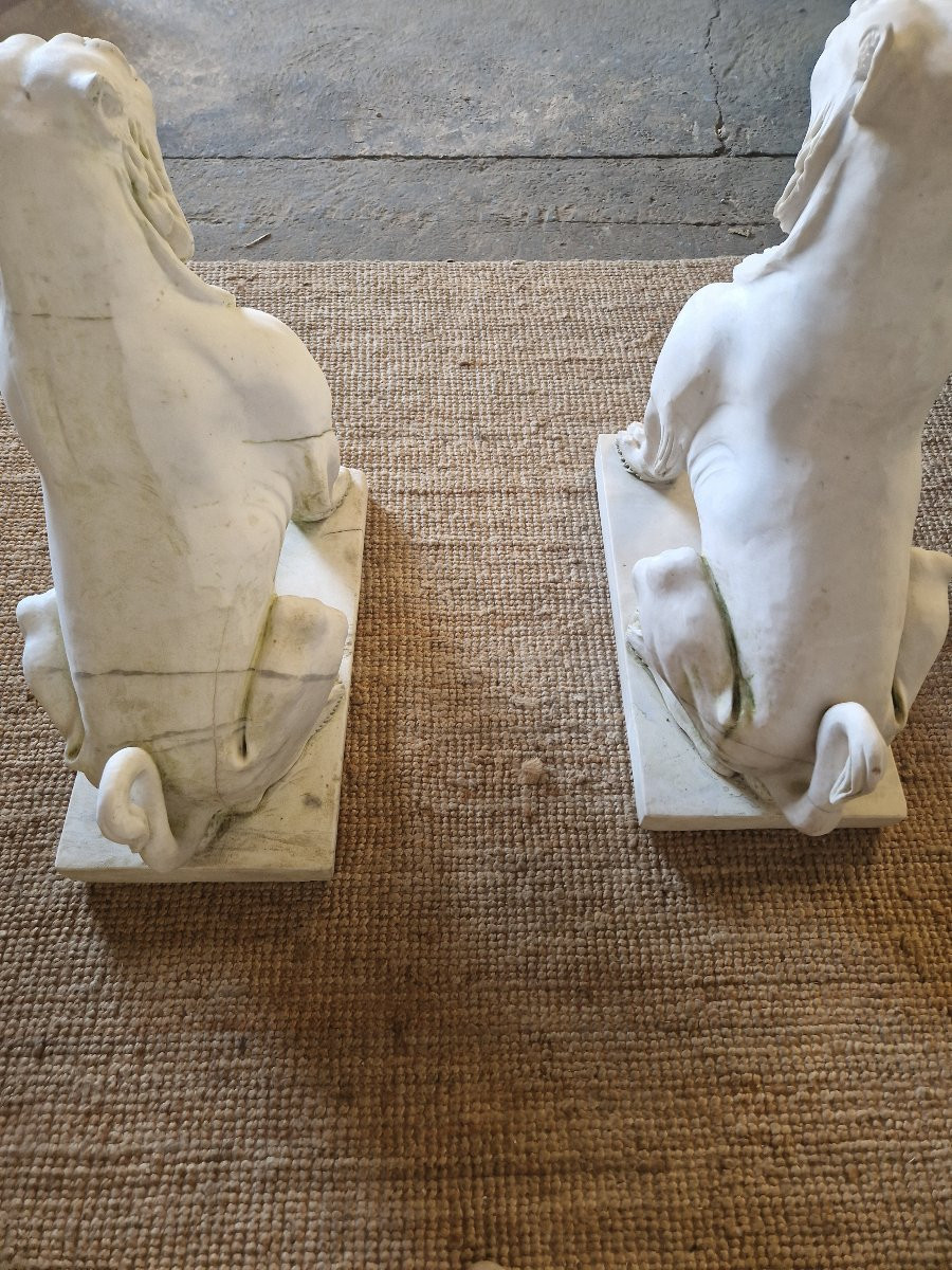 Pair Of Antique Marble Lion Statues, 1920-photo-1