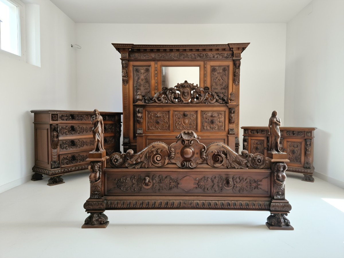 Ensemble de chambre à coucher antique italien Renaissance
