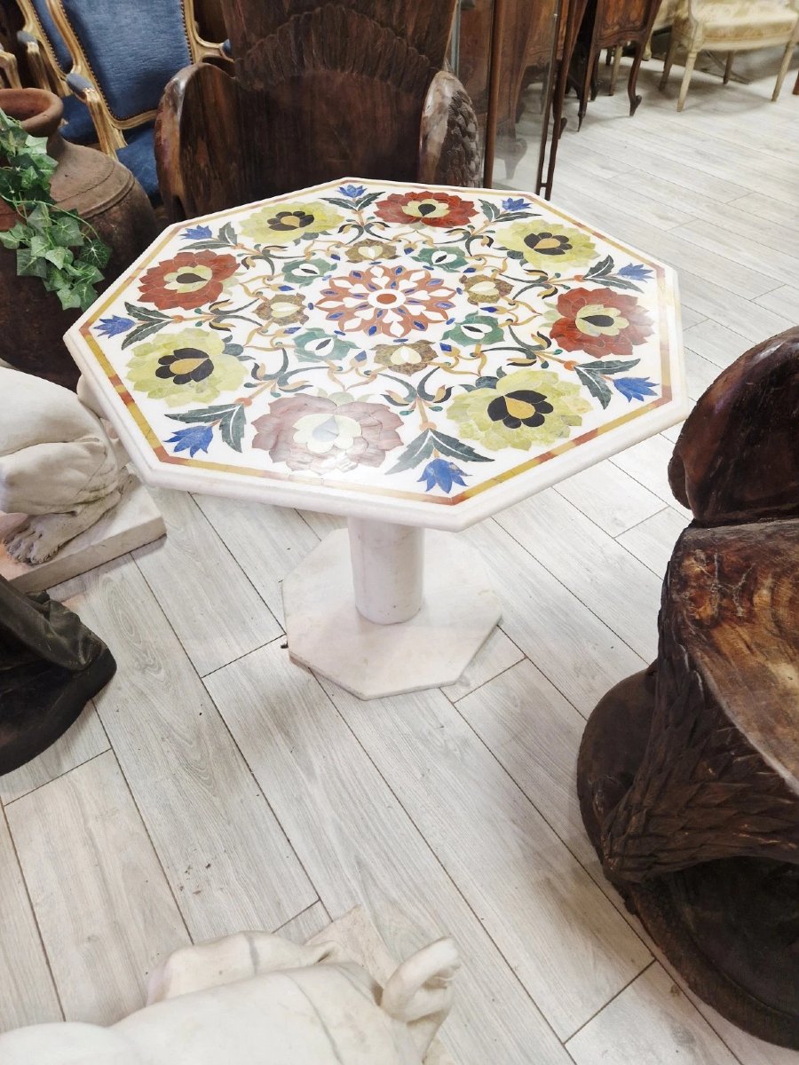 Table vintage italienne en marbre Pietra Dura avec incrustations florales-photo-2