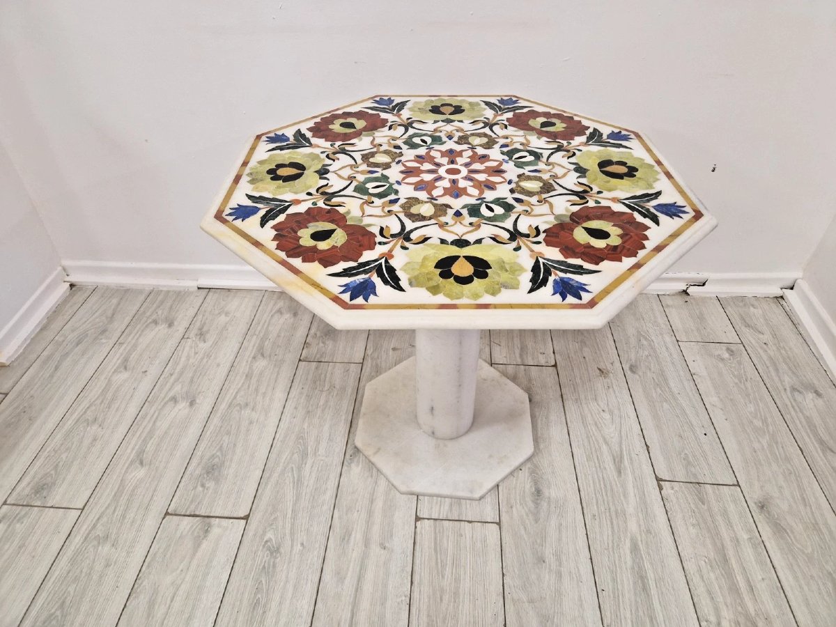 Table vintage italienne en marbre Pietra Dura avec incrustations florales-photo-4