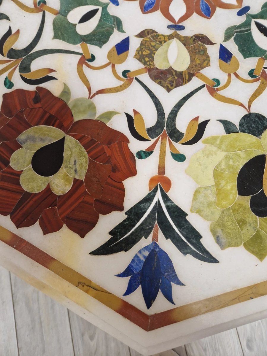 Table vintage italienne en marbre Pietra Dura avec incrustations florales-photo-1