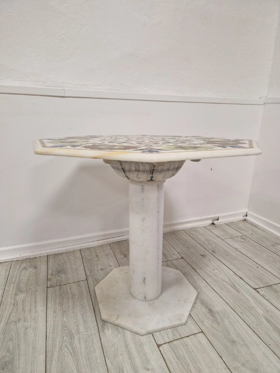 Table vintage italienne en marbre Pietra Dura avec incrustations florales-photo-4