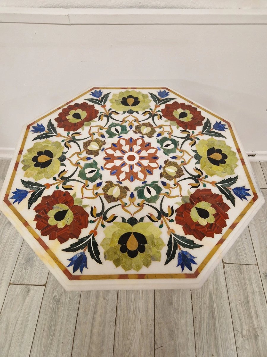 Table vintage italienne en marbre Pietra Dura avec incrustations florales-photo-5