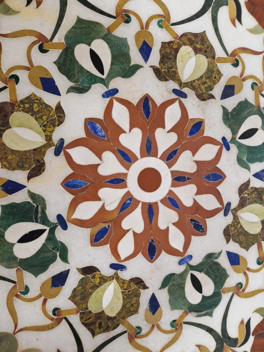 Table vintage italienne en marbre Pietra Dura avec incrustations florales-photo-6