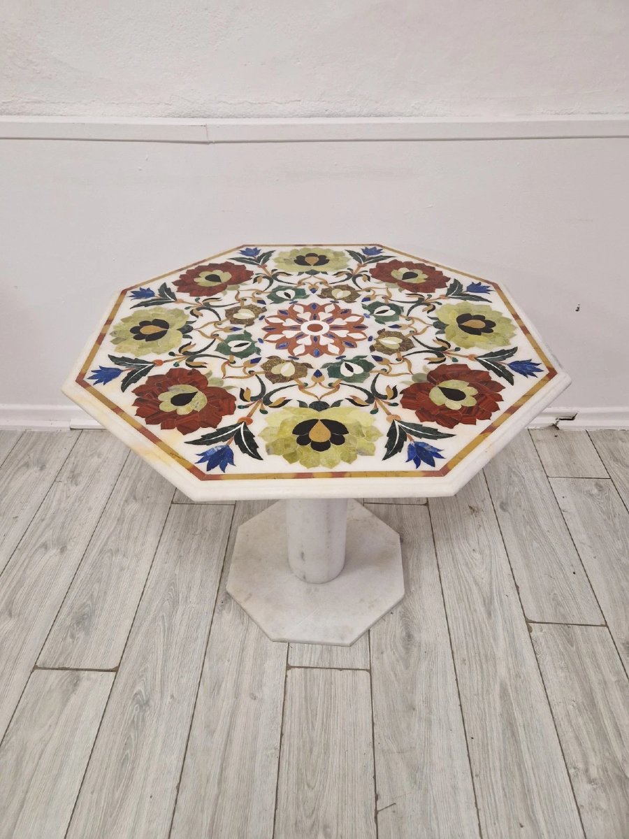 Table vintage italienne en marbre Pietra Dura avec incrustations florales-photo-7