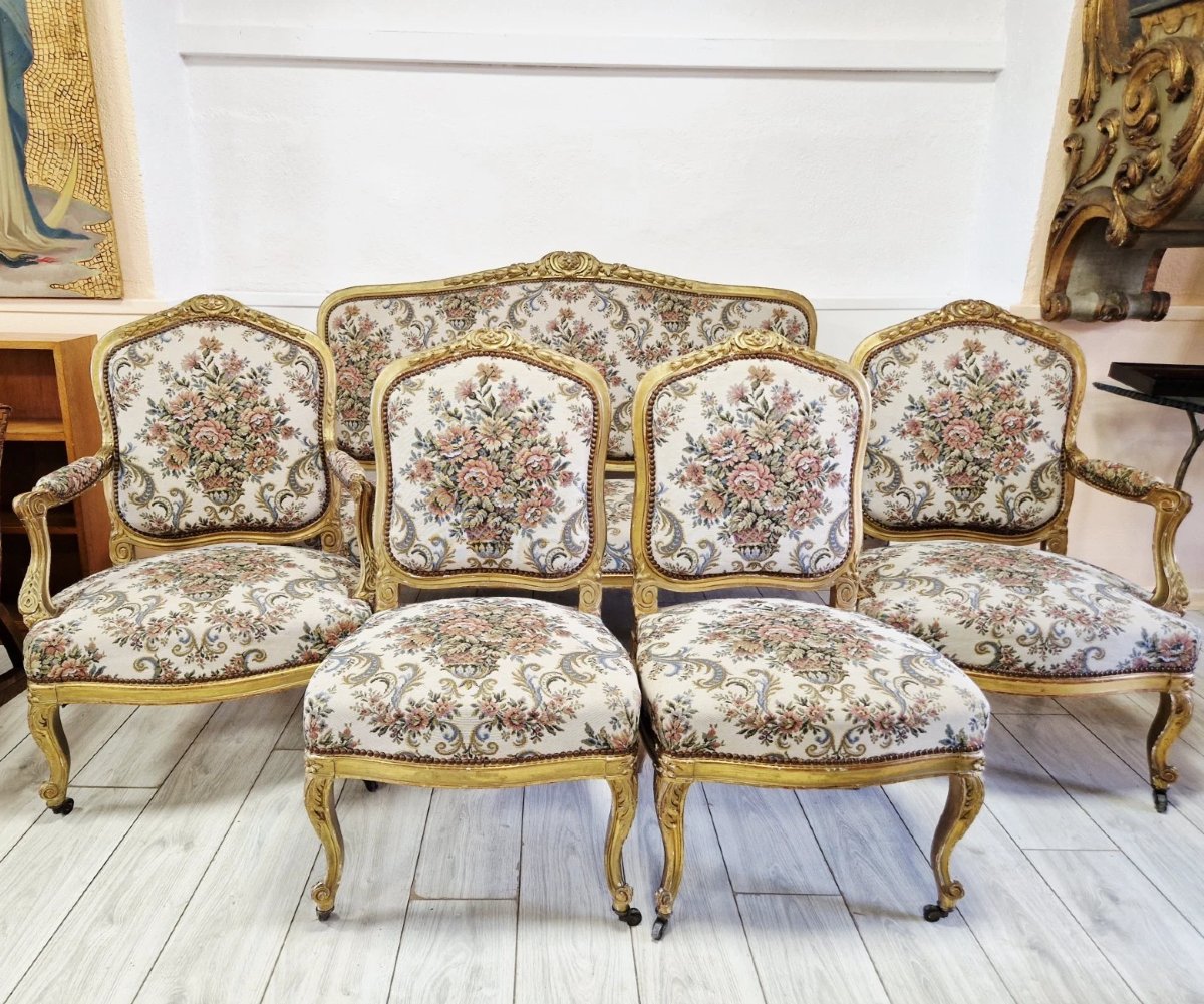 5-piece Living Room Set Consisting Of A Sofa And Antique French Armchairs-photo-2