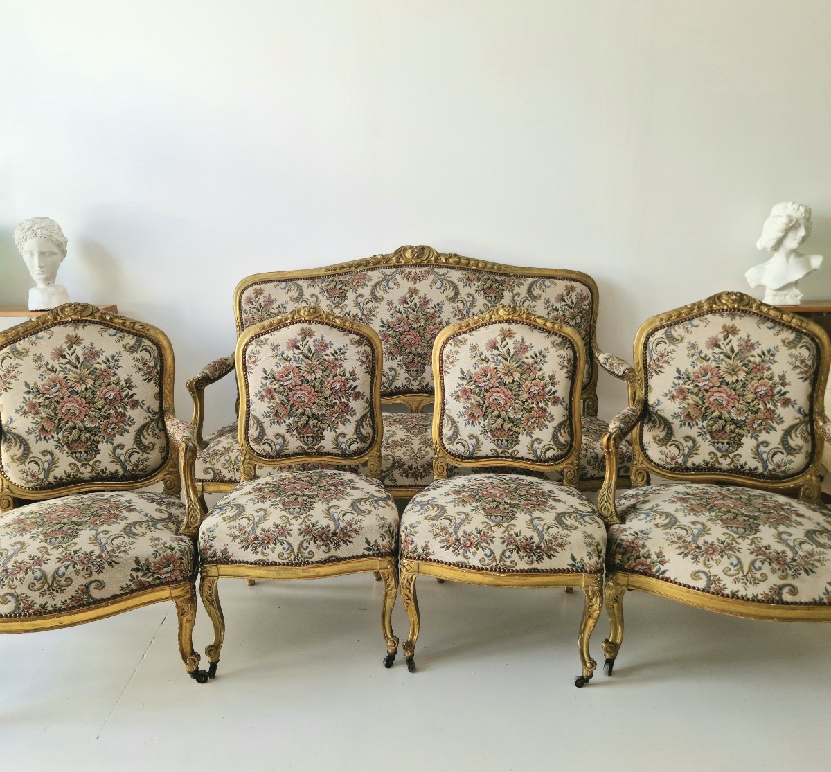 Ensemble de salon 5 pièces composé d'un canapé et de fauteuils français anciens-photo-4