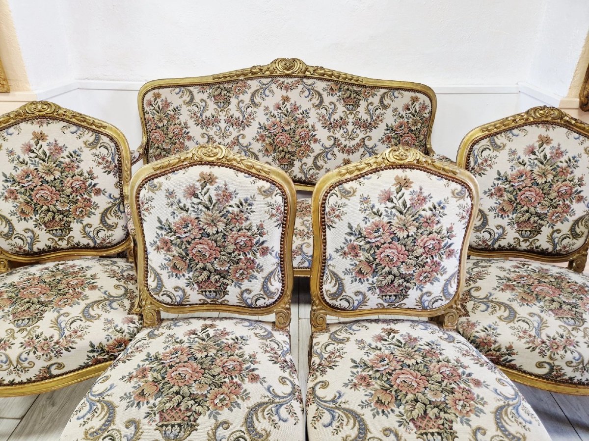 5-piece Living Room Set Consisting Of A Sofa And Antique French Armchairs-photo-1