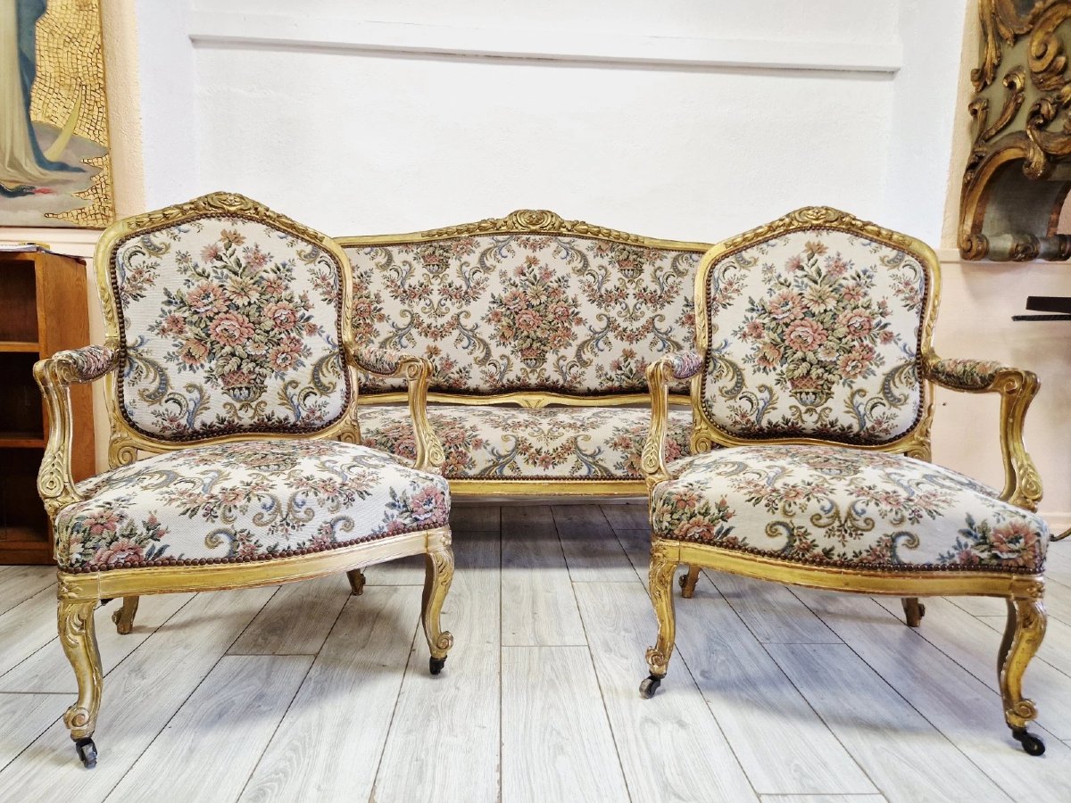 5-piece Living Room Set Consisting Of A Sofa And Antique French Armchairs-photo-8