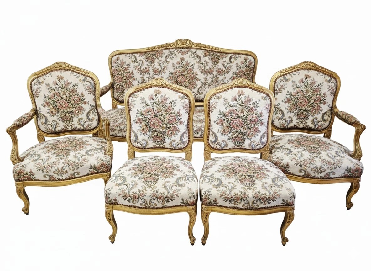 5-piece Living Room Set Consisting Of A Sofa And Antique French Armchairs