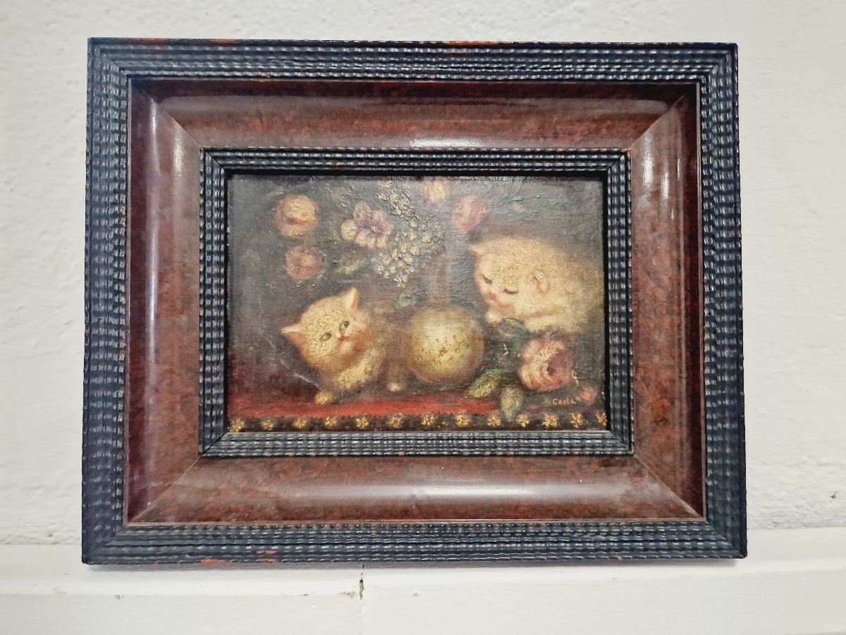 Antique Oil Painting Depicting Kittens, 19th Century, Signed Costa-photo-2