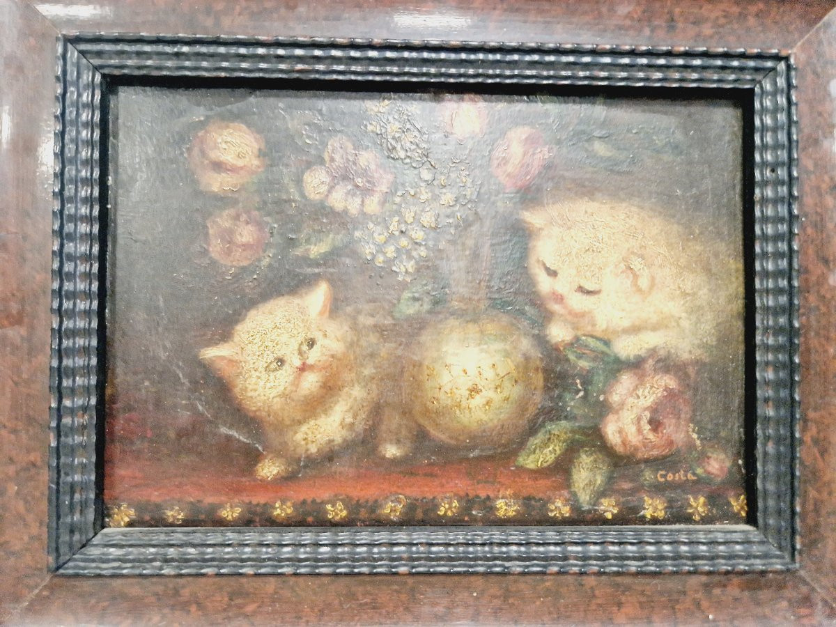 Antique Oil Painting Depicting Kittens, 19th Century, Signed Costa-photo-3