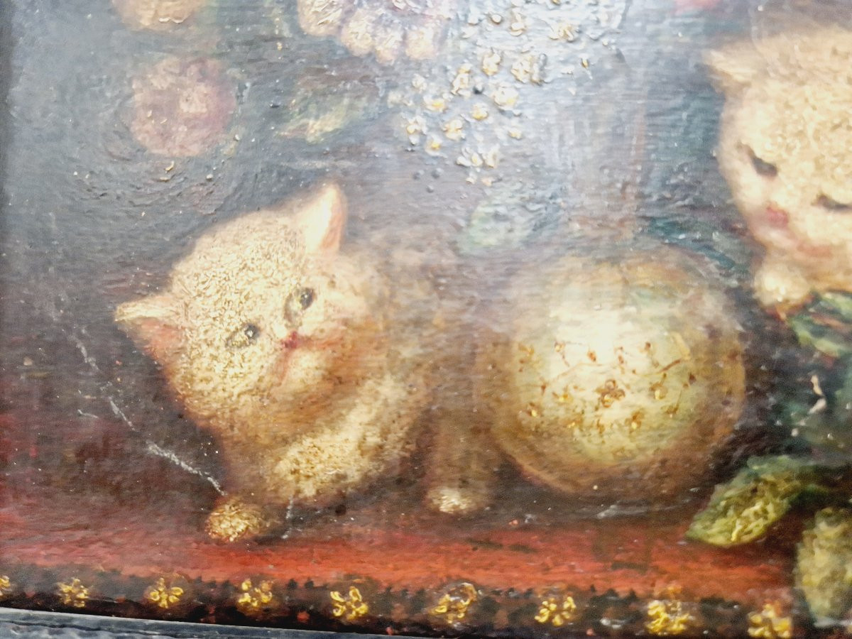 Antique Oil Painting Depicting Kittens, 19th Century, Signed Costa-photo-1