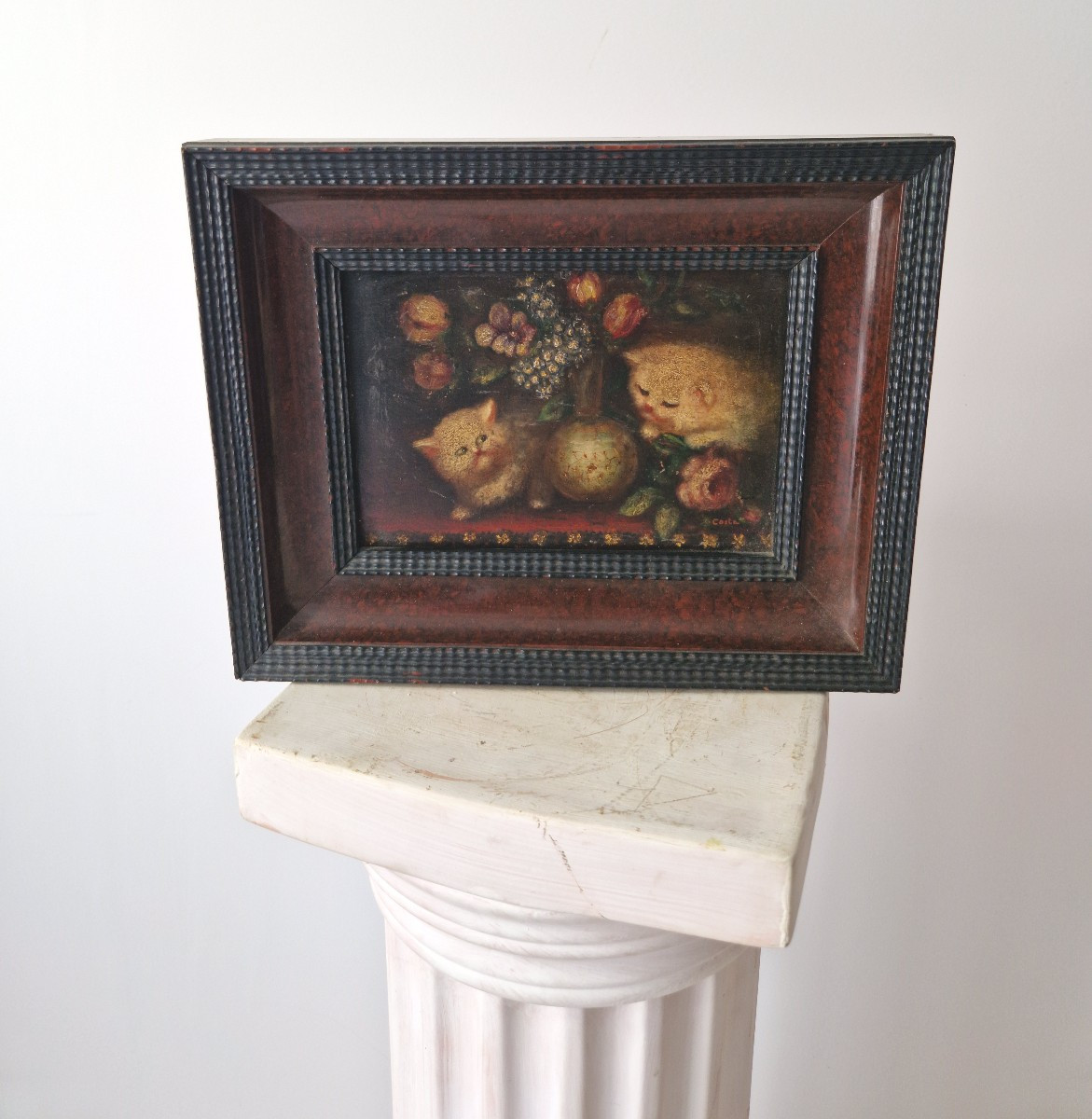 Peinture à l'huile ancienne représentant des chatons, XIXe siècle, signée COSTA
