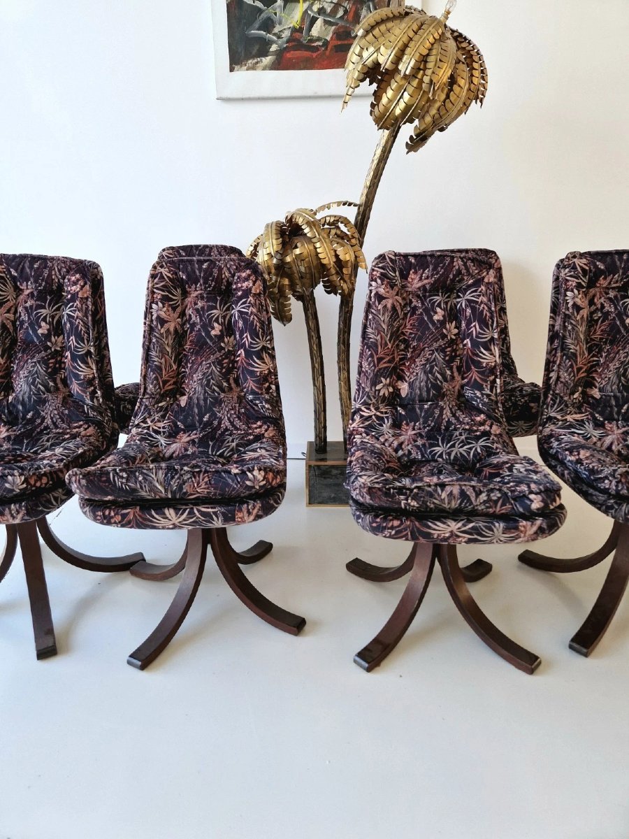 6 Norwegian Bentwood Dining Room In Mid-century Style With Bot Pattern Upholstery-photo-5