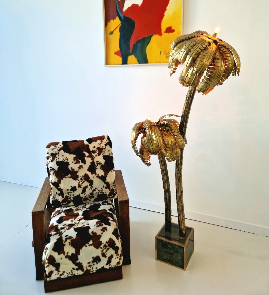 Vintage Hollywood Regency Brass Floor Lamp, Palm Tree Motif, Maison Jansen Style, 1970s