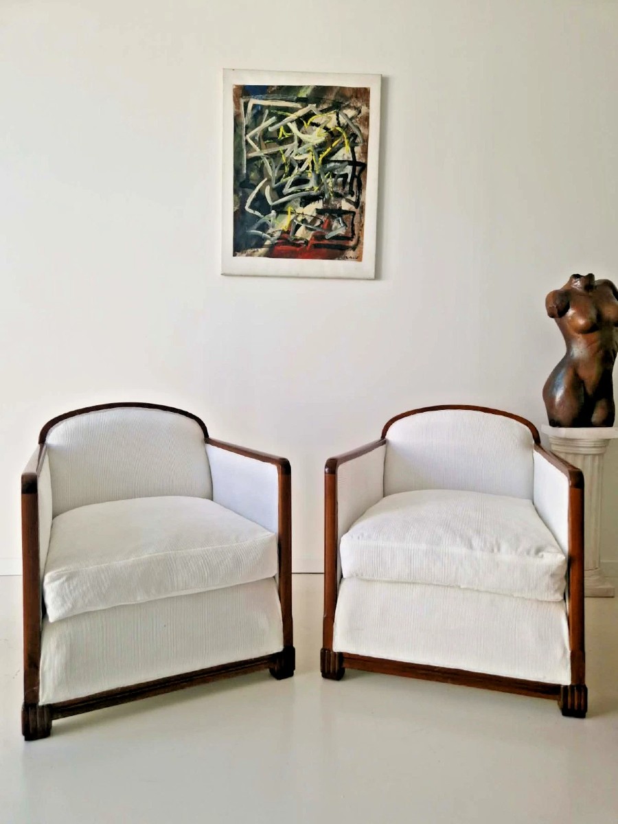 Paire de grands fauteuils blancs Art déco, style années 1950, design d'intérieur moderne du mil