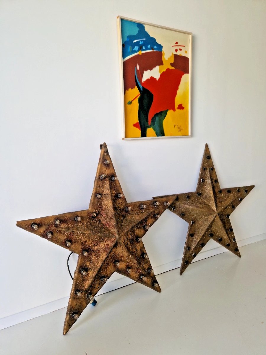 Pair Of Vintage Industrial Star-shaped Wall Sconces, Aged Gold Finish, Years-photo-2