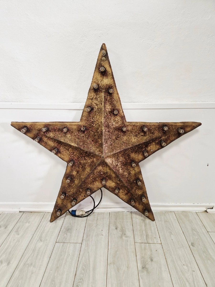 Pair Of Vintage Industrial Star-shaped Wall Sconces, Aged Gold Finish, Years-photo-4