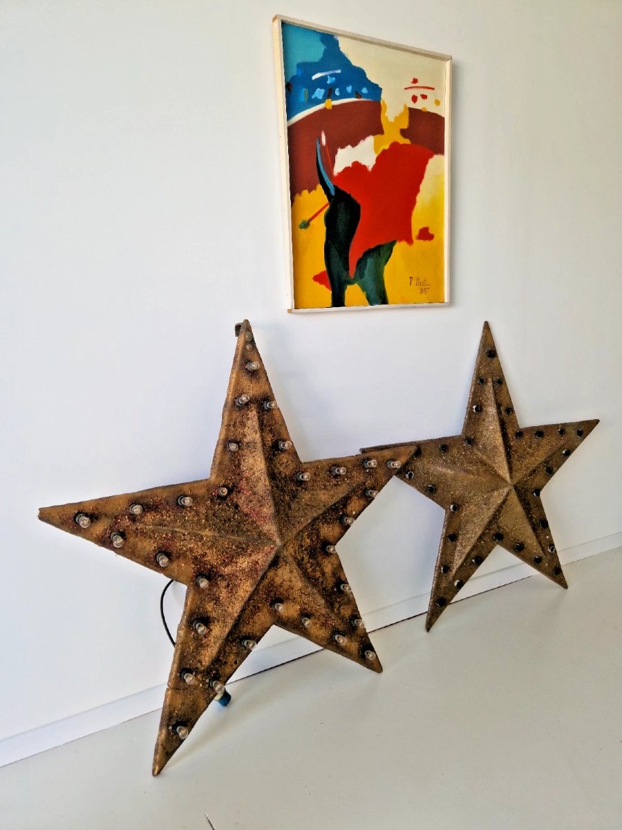 Pair Of Vintage Industrial Star-shaped Wall Sconces, Aged Gold Finish, Years-photo-5