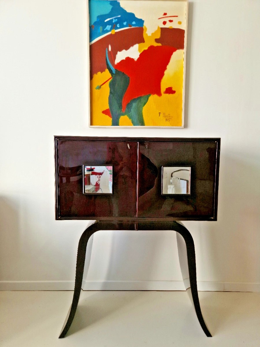 Mid-century Art Deco Bar Cabinet With High Legs, High-gloss Lacquer Finish
