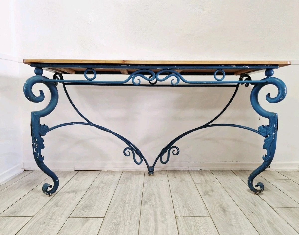 French-style Console Table In Vintage Blue Metal-photo-4
