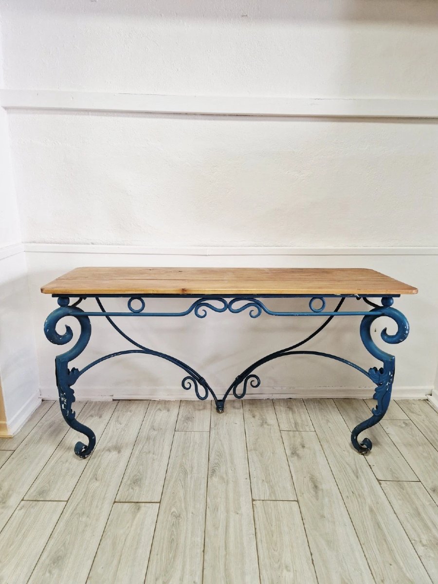 French-style Console Table In Vintage Blue Metal-photo-6