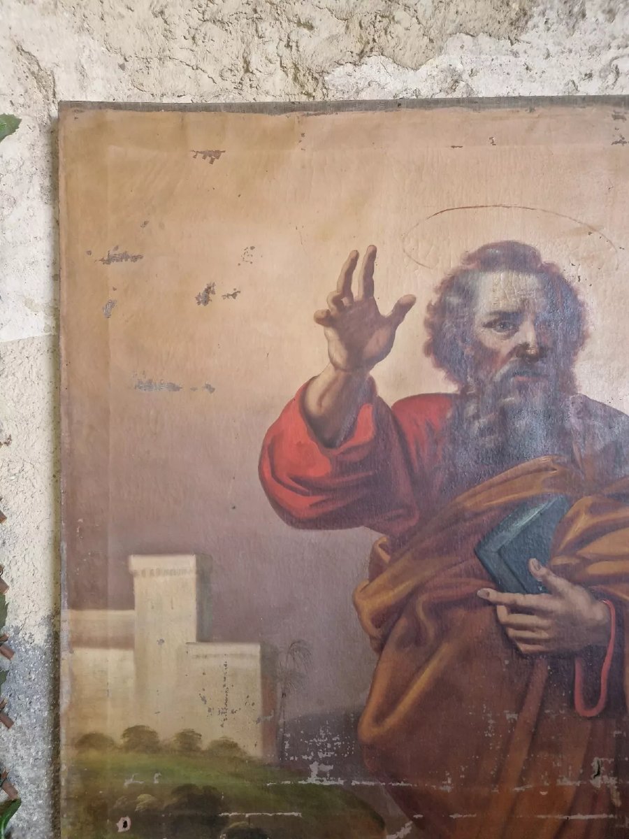 Grande peinture à l'huile ancienne représentant saint Matthias l'apôtre, XVIIIe siècle-photo-2