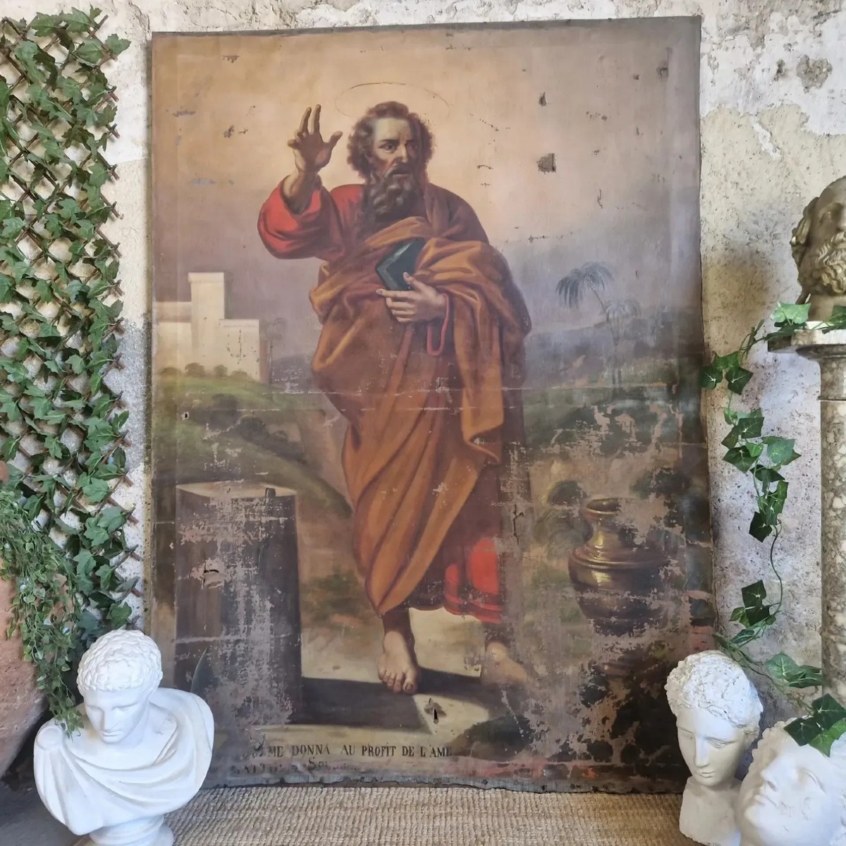 Grande peinture à l'huile ancienne représentant saint Matthias l'apôtre, XVIIIe siècle