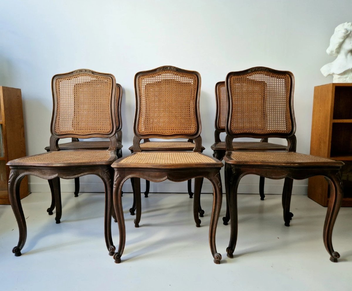 Set Of 6 Antique Provencal Dining Chairs With Rattan Backs, Louis X Style-photo-2