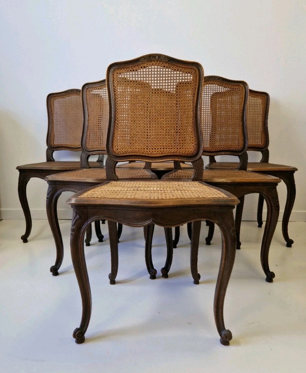 Set Of 6 Antique Provencal Dining Chairs With Rattan Backs, Louis X Style