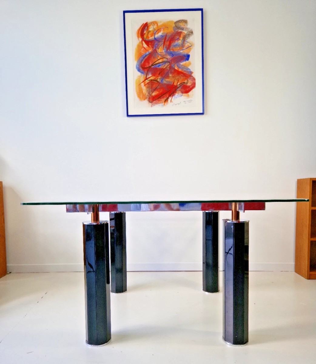 Table de salle à manger vintage italienne en verre trempé des années 1980, style Roche Bobois