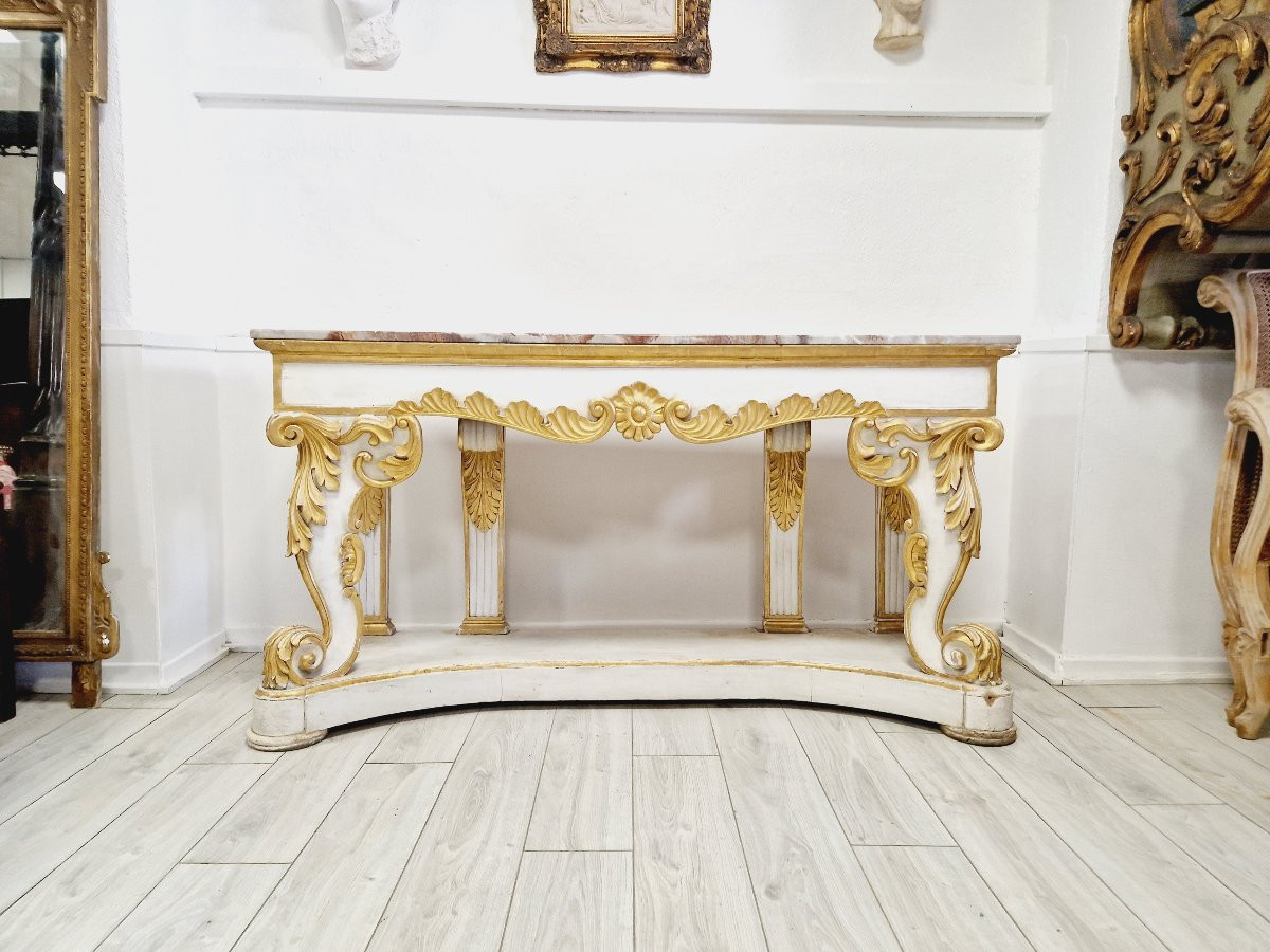 Grande console antique à plateau en marbre, table d'entrée en bois doré, style château.-photo-2