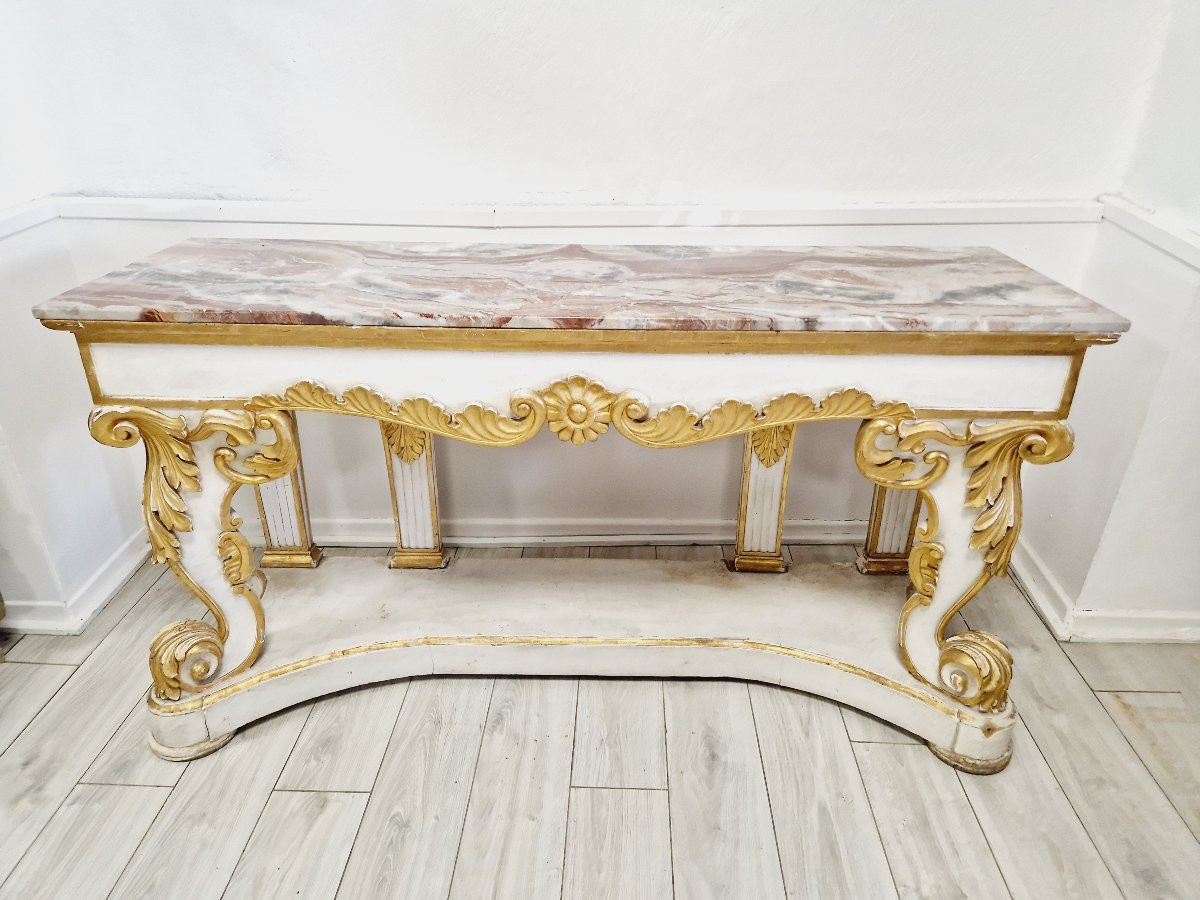 Grande console antique à plateau en marbre, table d'entrée en bois doré, style château.-photo-6