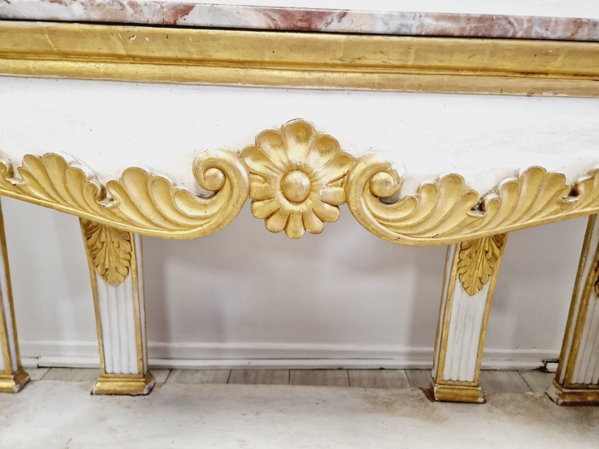 Grande console antique à plateau en marbre, table d'entrée en bois doré, style château.-photo-8