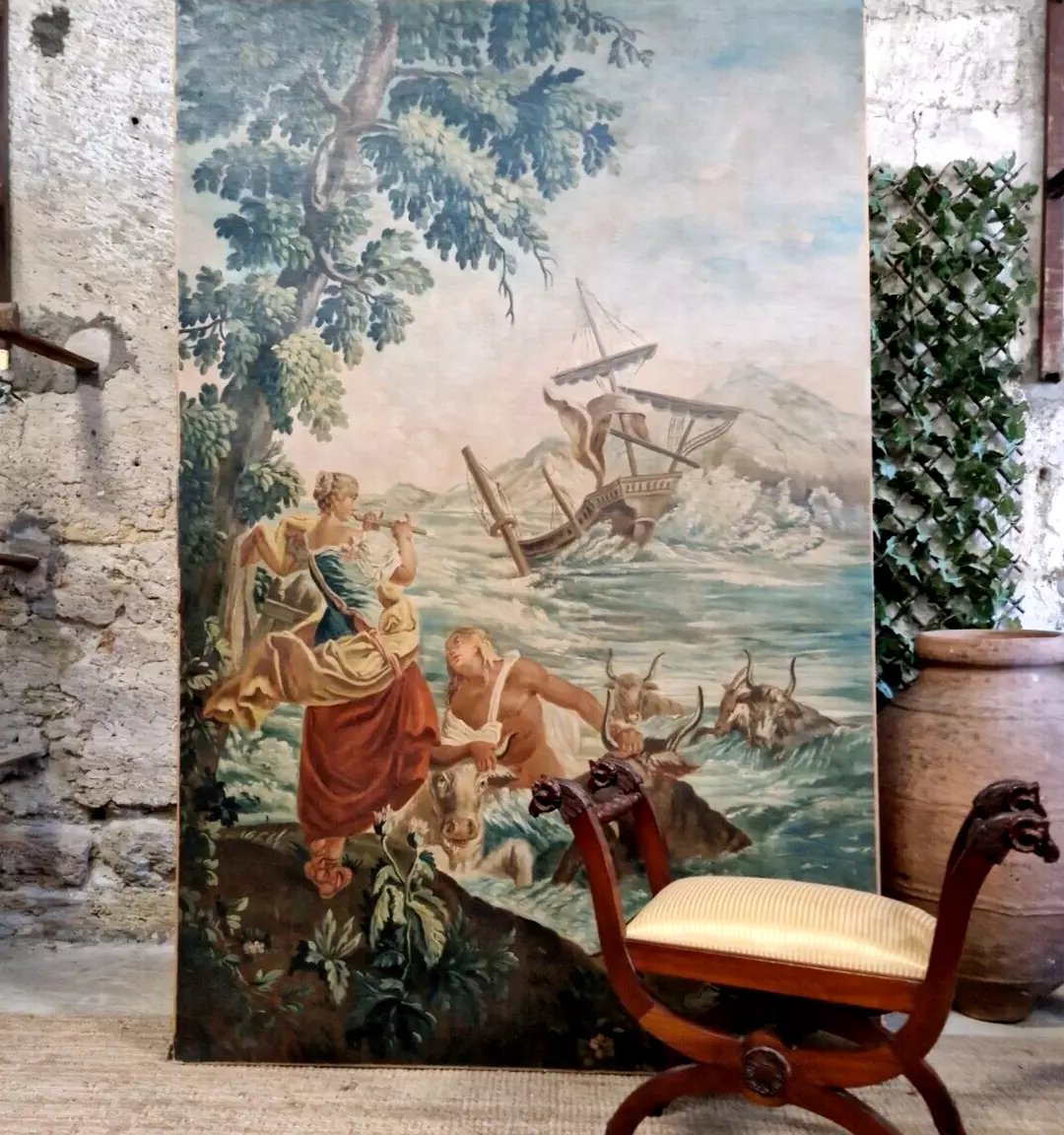 Grande peinture à l'huile ancienne représentant une célèbre tapisserie, œuvre d'art du XIXe -photo-3
