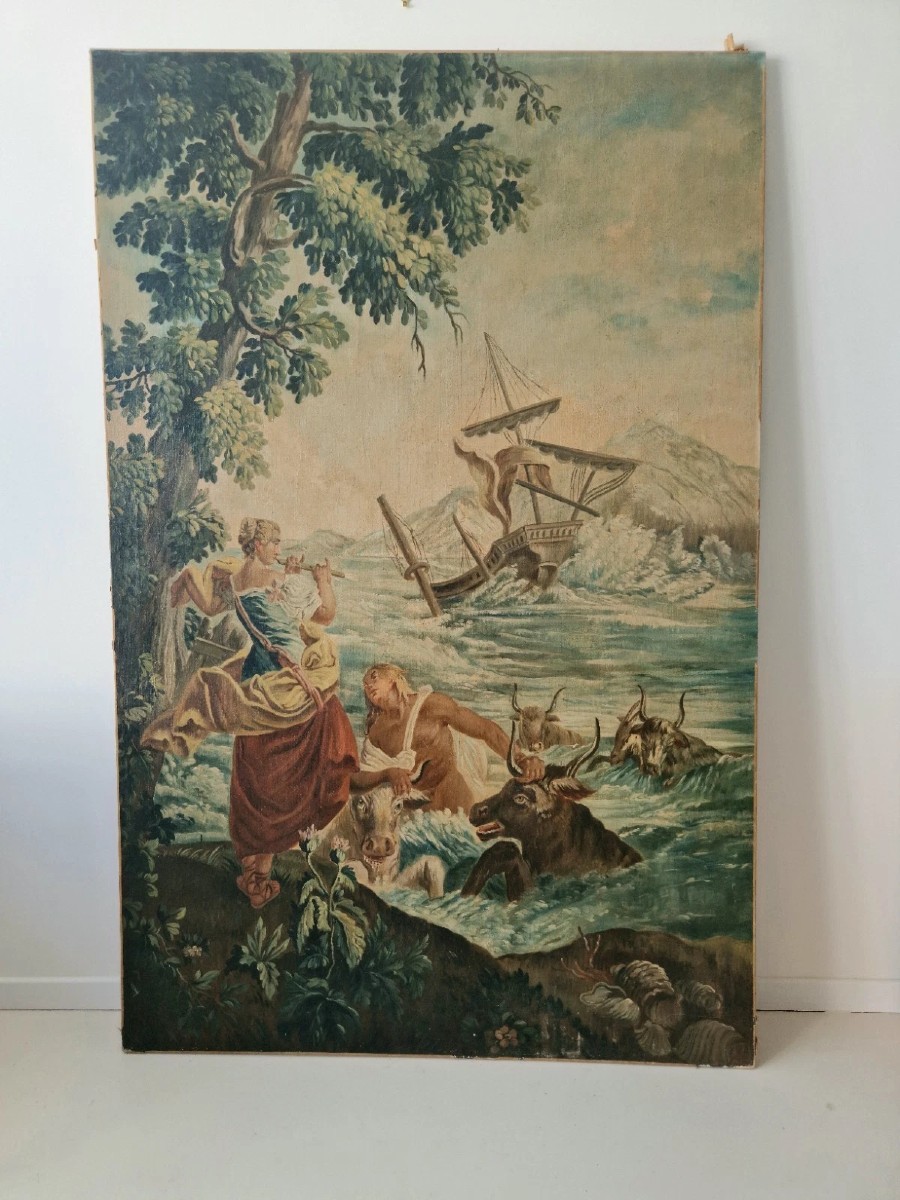 Grande peinture à l'huile ancienne représentant une célèbre tapisserie, œuvre d'art du XIXe 