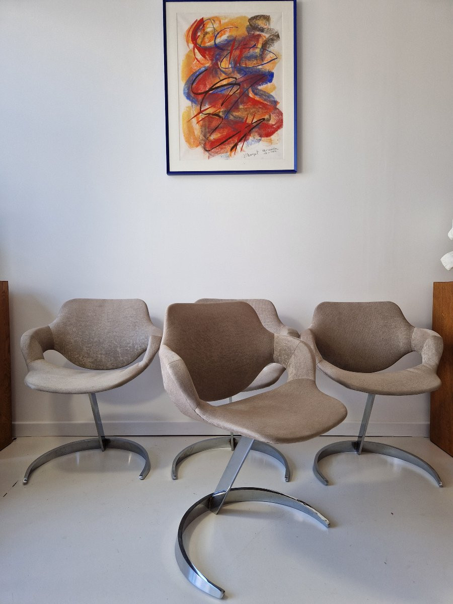 Set Of 4 Cantilever Dining Chairs In The Sphinx Style, Signed Boris Tabacoff, Ann.-photo-1