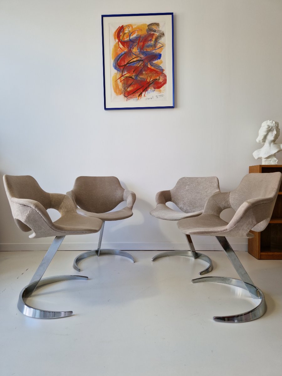 Set Of 4 Cantilever Dining Chairs In The Sphinx Style, Signed Boris Tabacoff, Ann.-photo-8