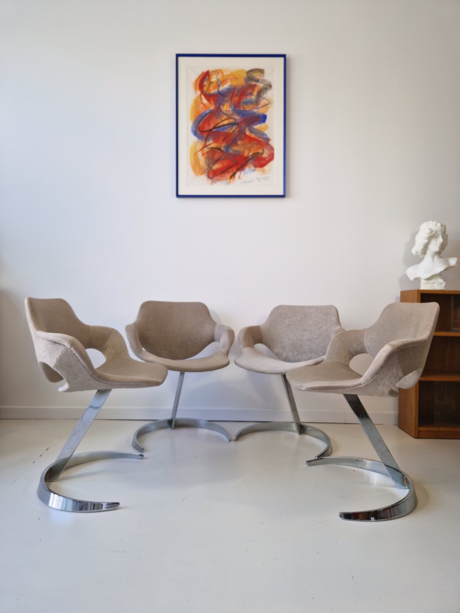 Set Of 4 Cantilever Dining Chairs In The Sphinx Style, Signed Boris Tabacoff, Ann.