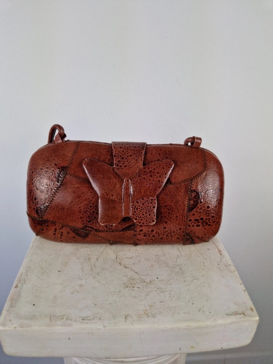 Sac vintage Yves Saint Laurent (YSL) en cuir à patchwork papillon 1970-photo-1