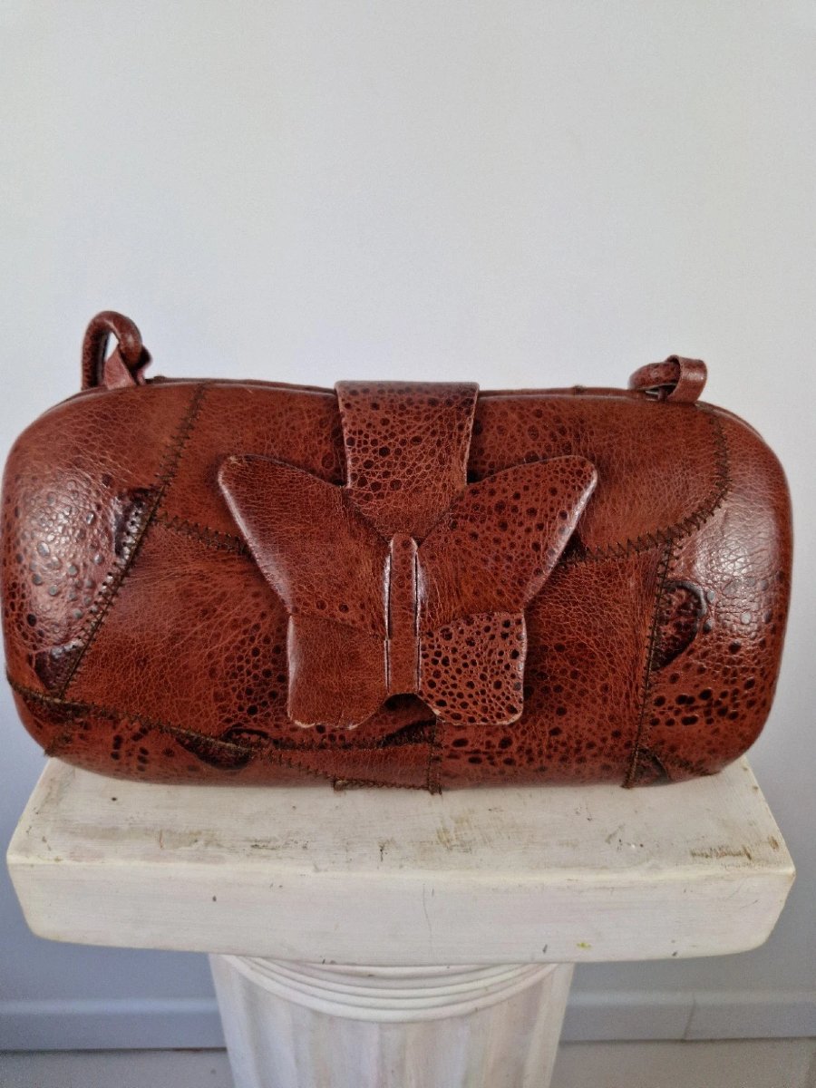 Sac vintage Yves Saint Laurent (YSL) en cuir à patchwork papillon 1970-photo-5